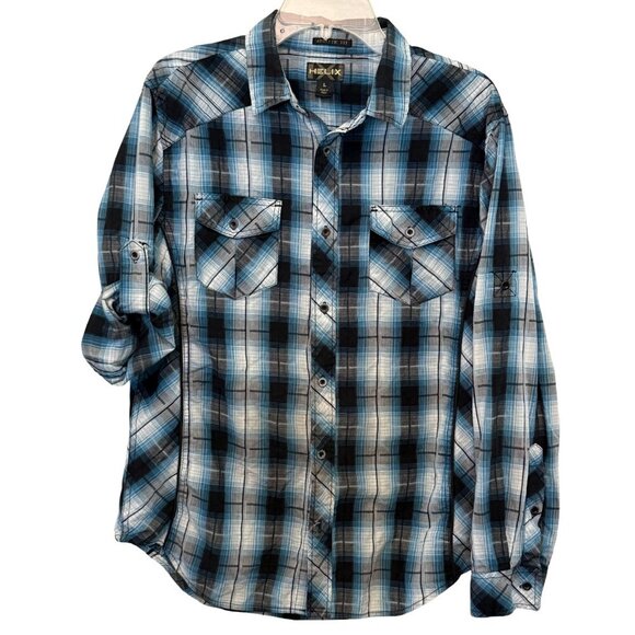 Mens Helix Blue & Black Plaid Button Down Long Sleeve Shirt - Size Large - Picture 1 of 7